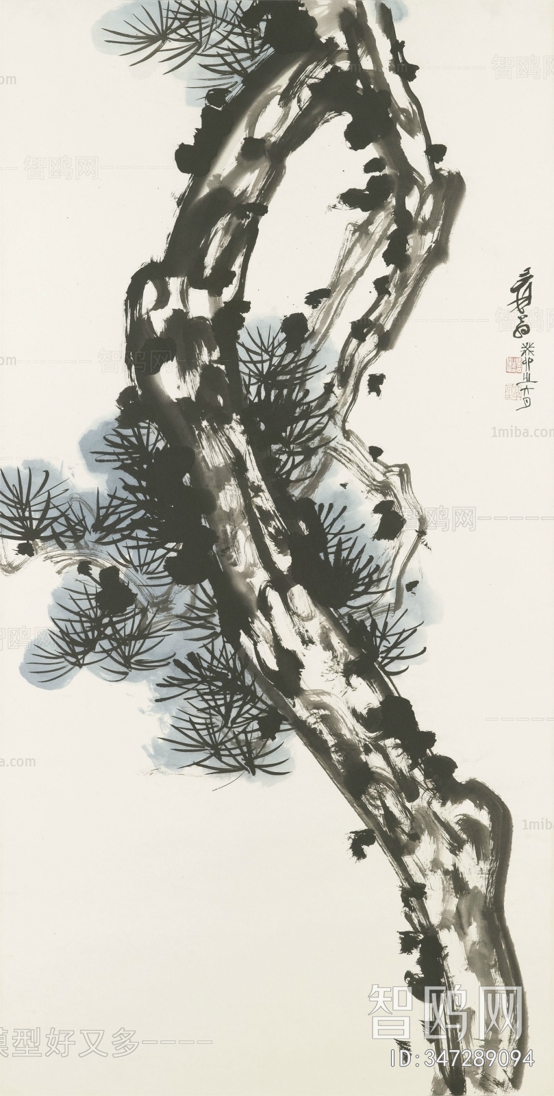 张大千国画水墨画 植物 松树
