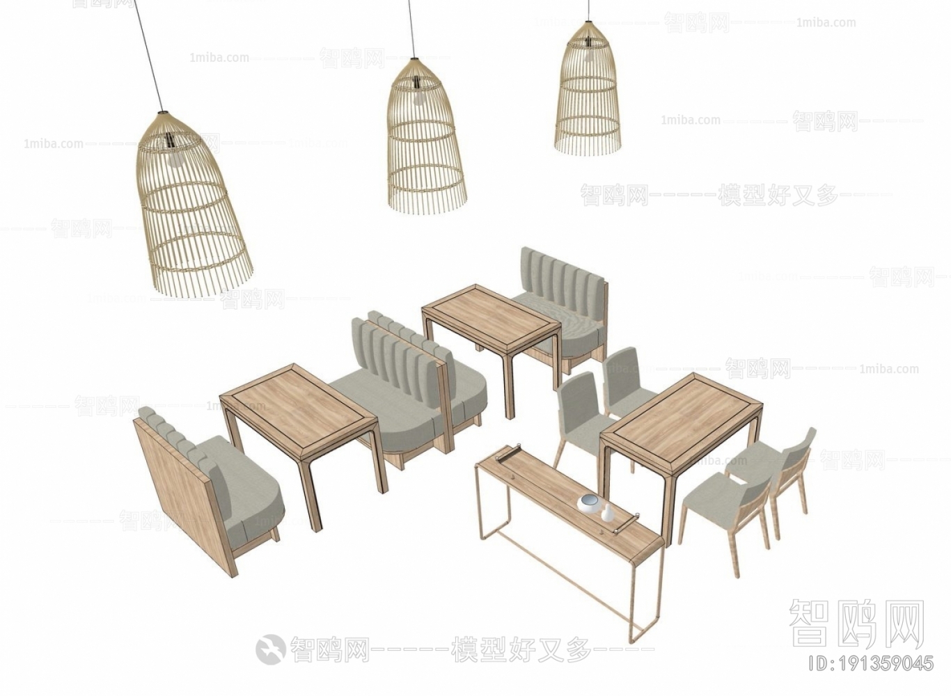 现代餐桌椅吊灯组合3D模型下载