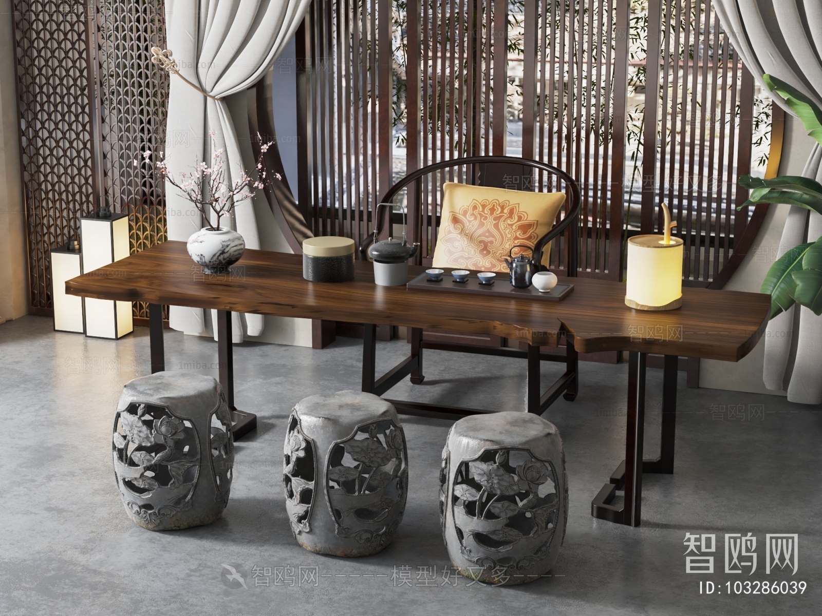 中式茶桌椅凳组合