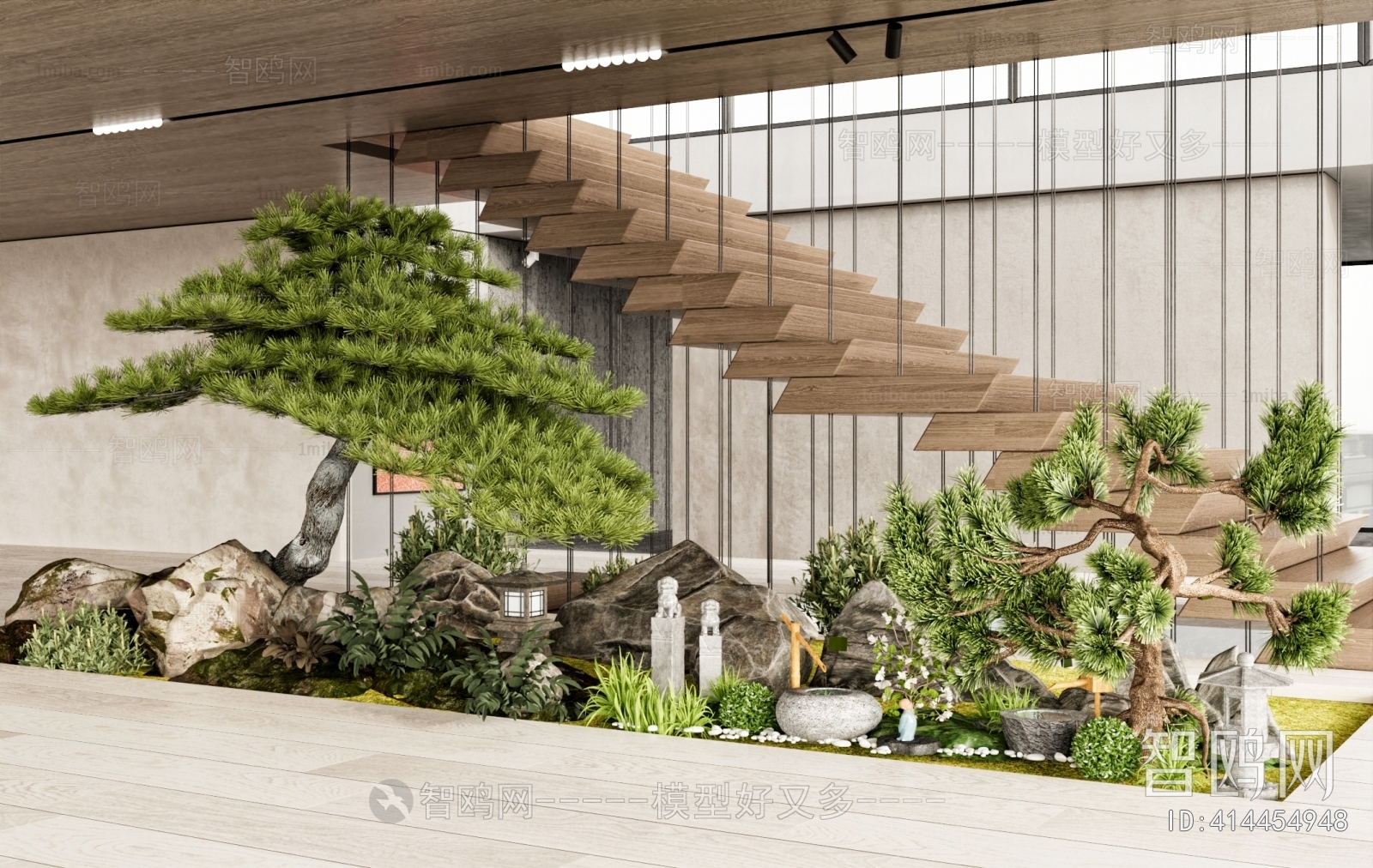 新中式楼梯间景观植物小品