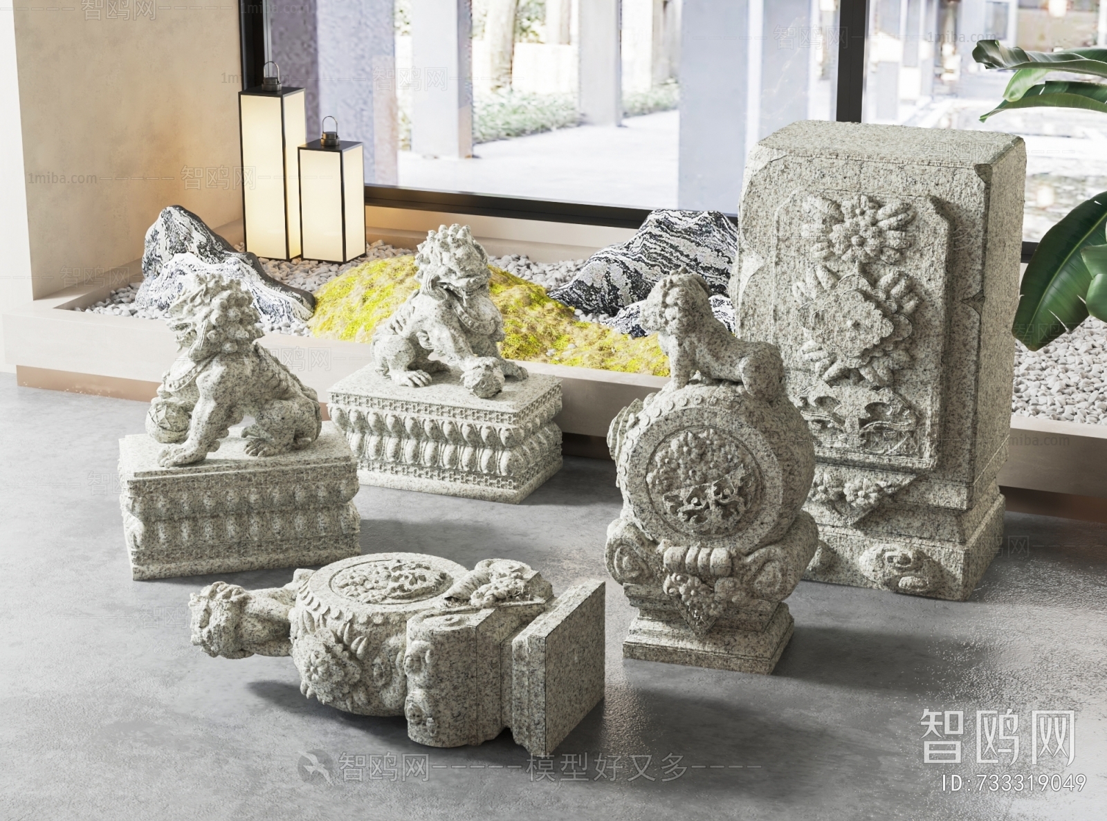 新中式石墩狮子雕塑组合