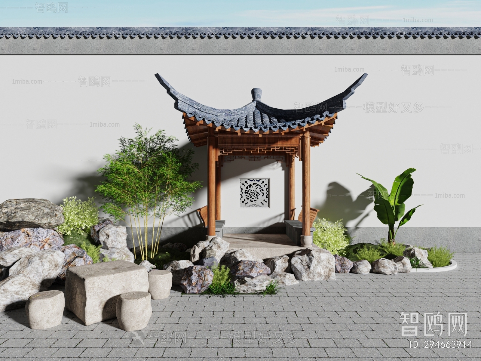 中式屋檐庭院凉亭3D模型下载