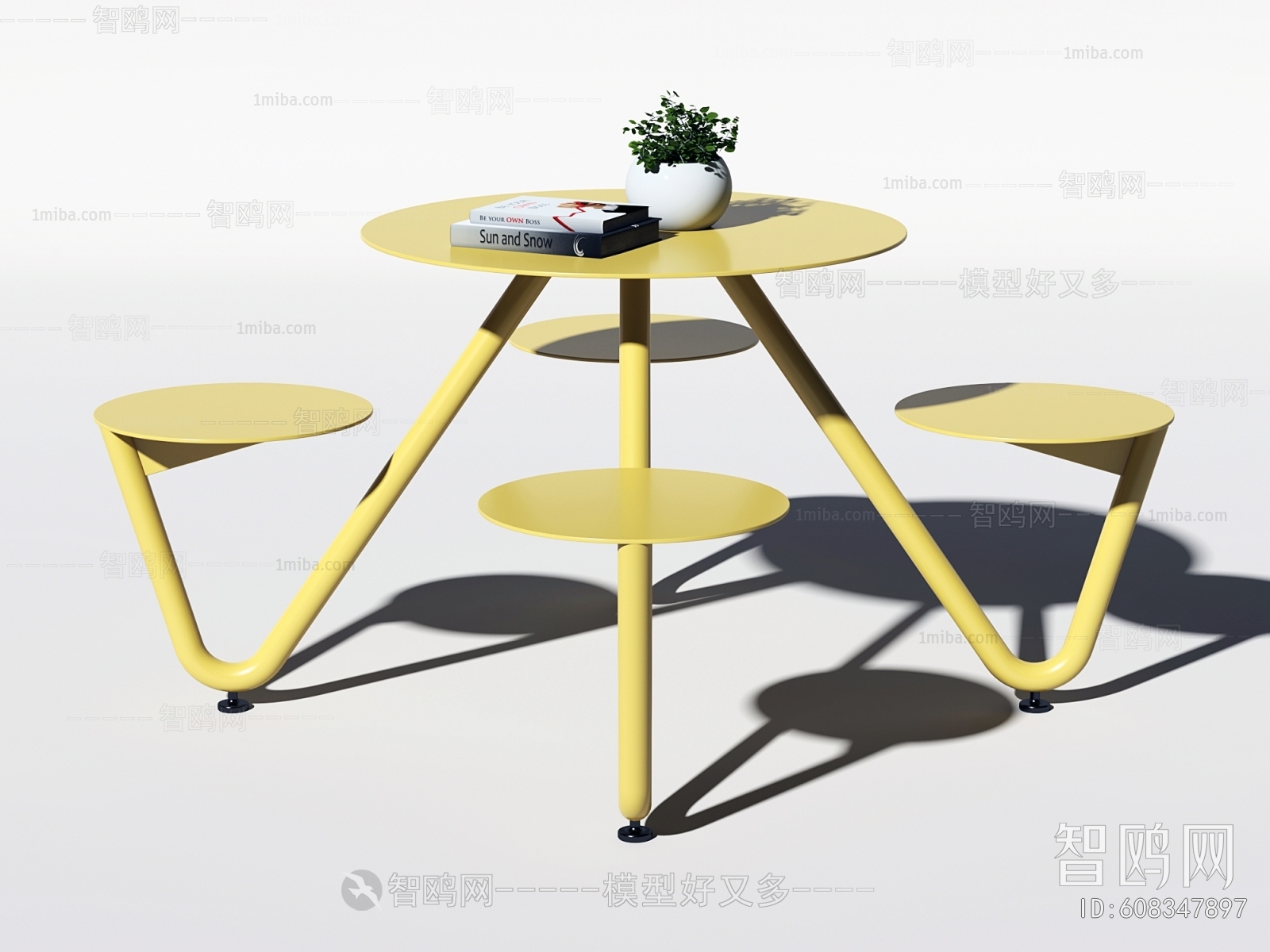 现代户外连体桌椅3D模型下载