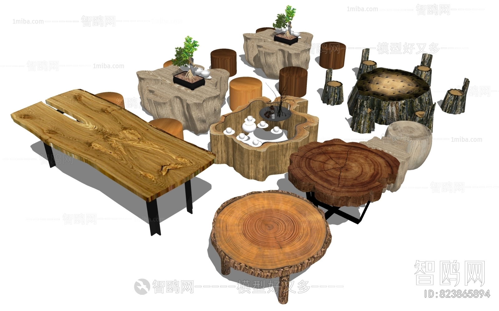中式实木年轮茶桌椅组合