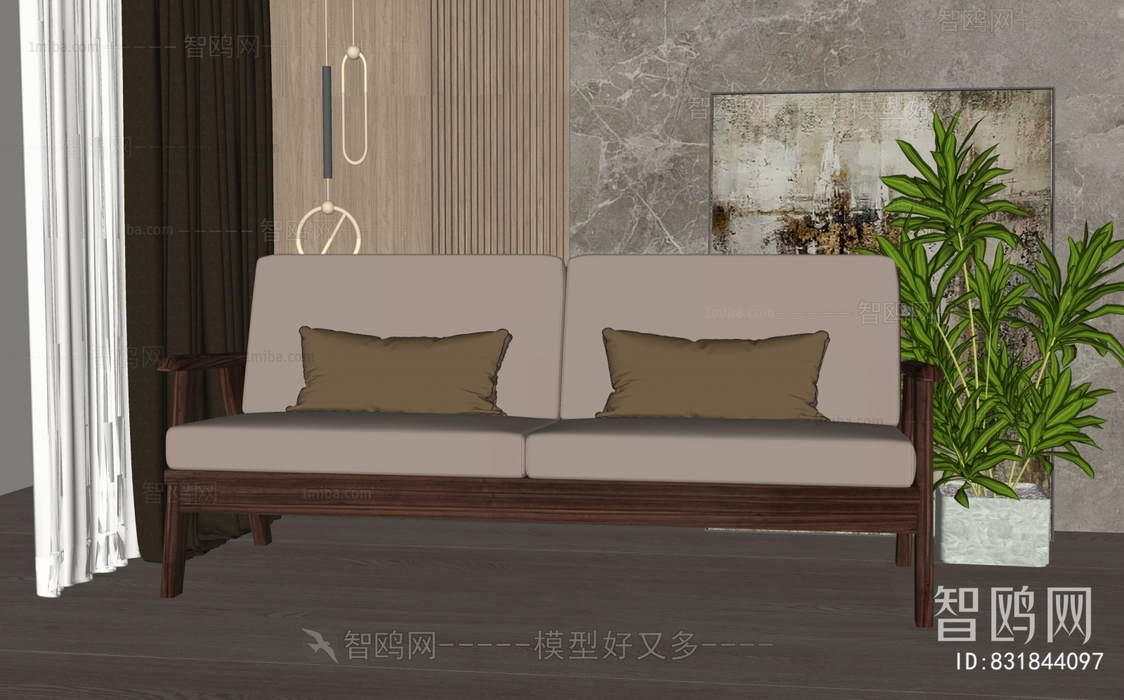 现代实木双人沙发