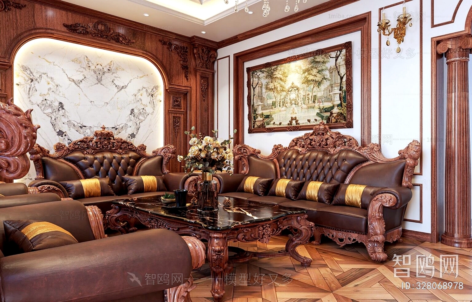 传统美式红木别墅客厅