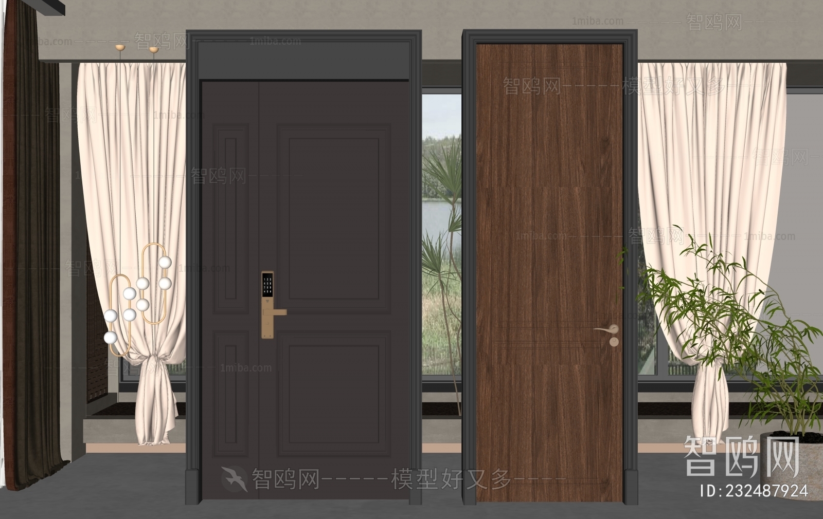 Simple European Style Unequal Double Door