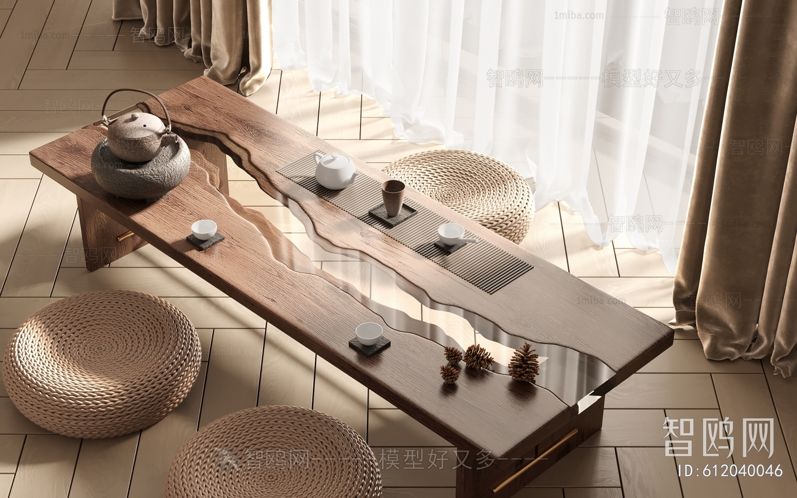 日式榻榻米茶桌椅3D模型下载