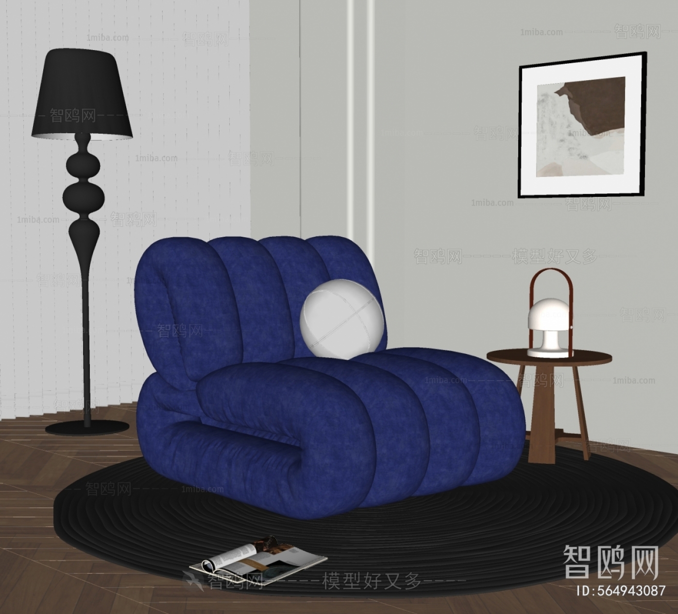现代蓝色布艺单人沙发