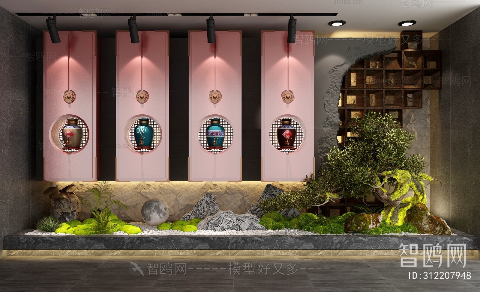 新中式造景背景墙植物小品