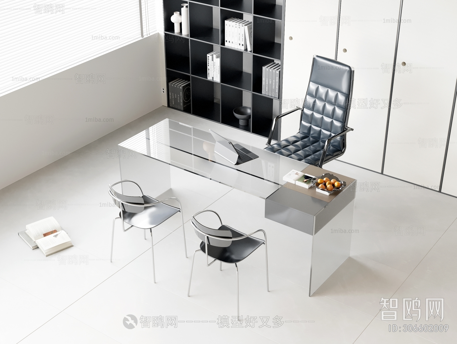 现代玻璃书桌椅组合