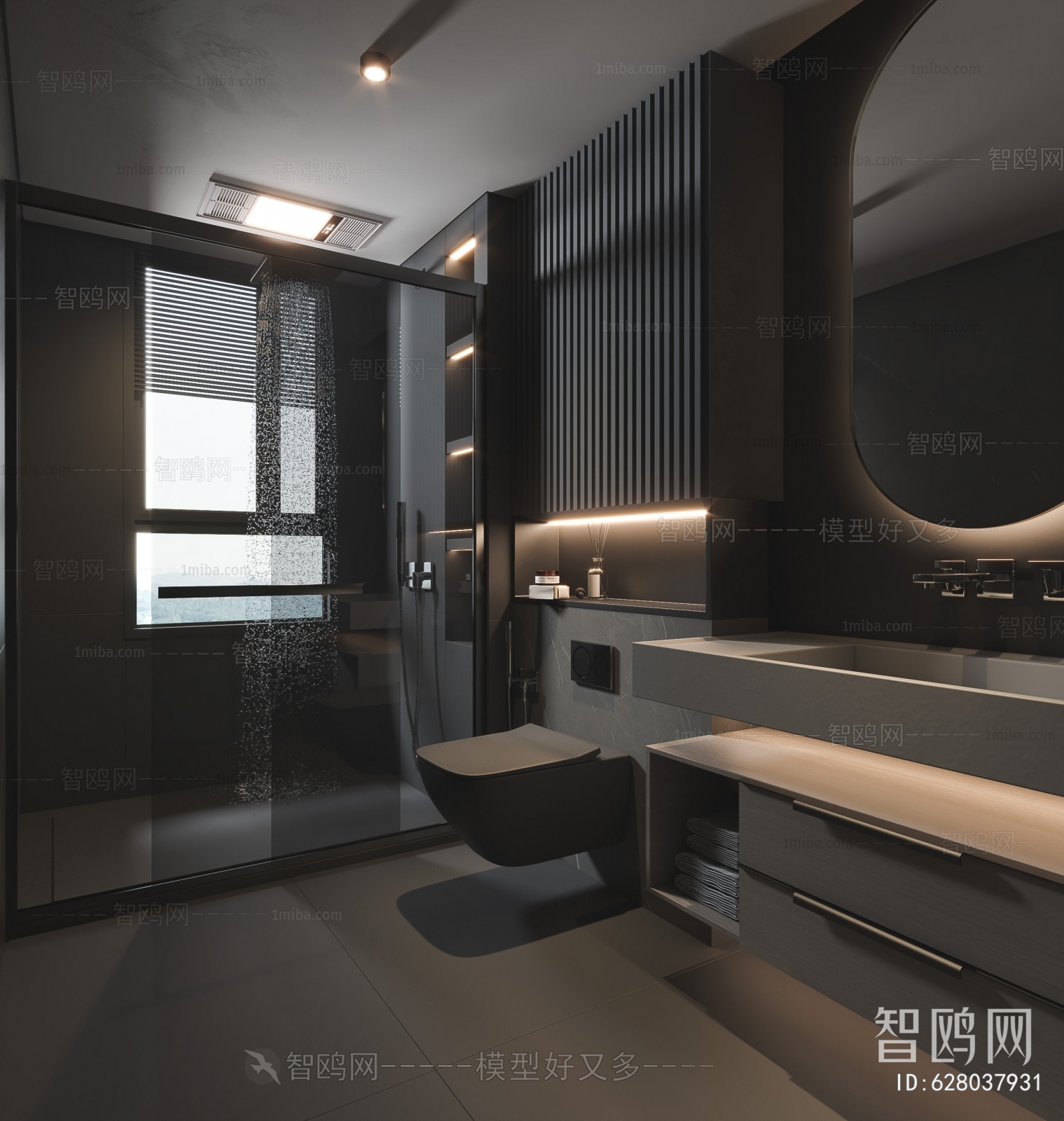 现代暗黑风卫生间浴室3D模型下载