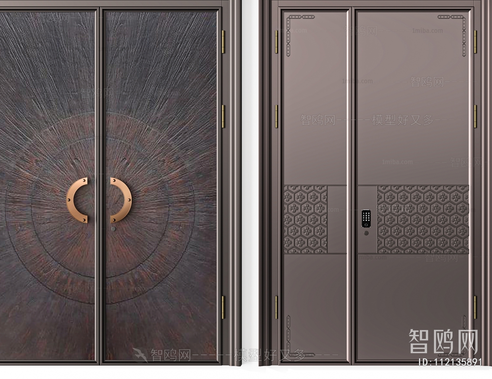 新中式铜门双开门子母门组合