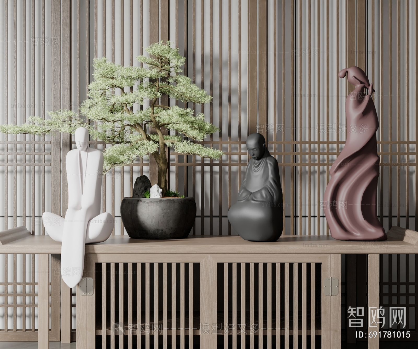 新中式雕塑绿植摆件组合