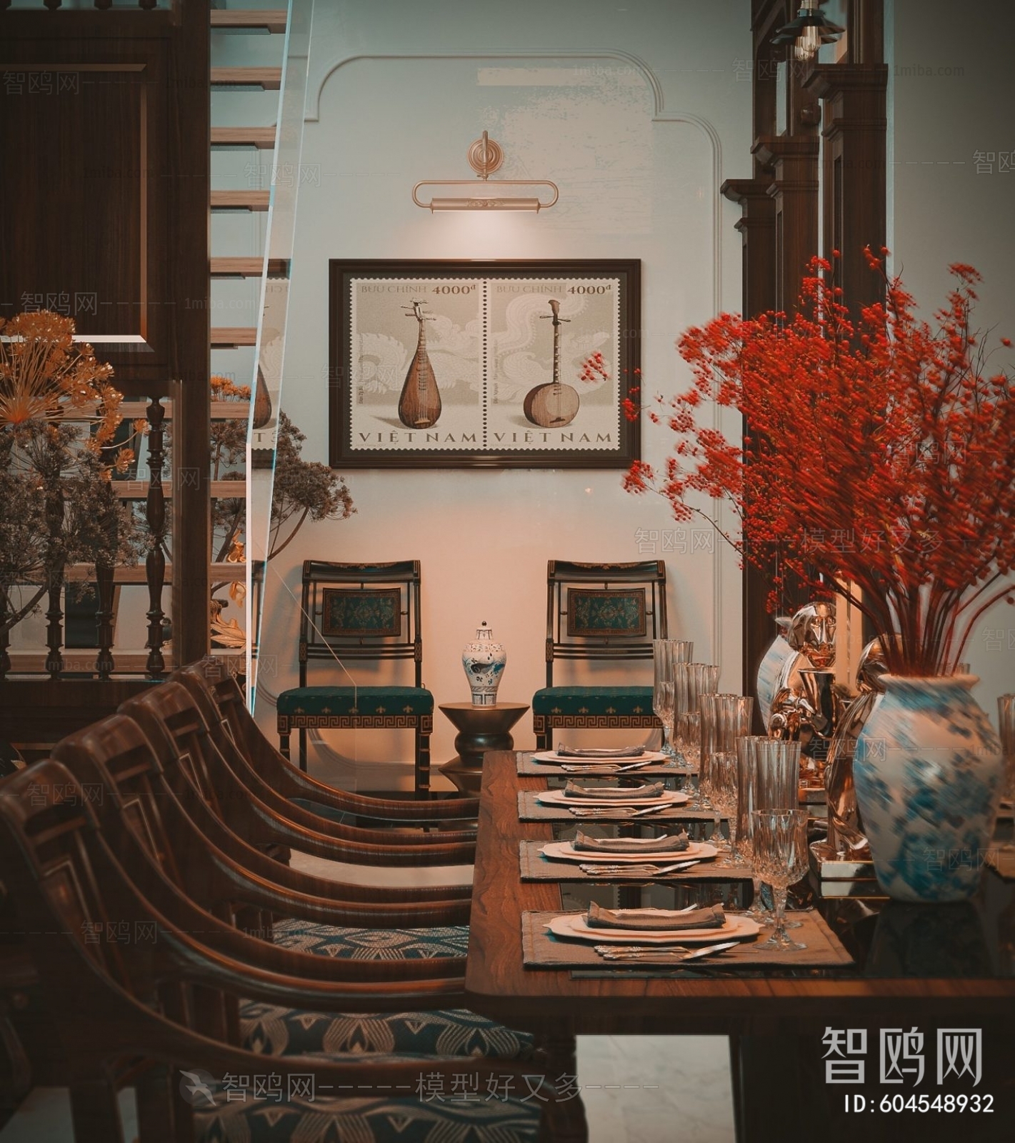 多场景-中式奢华别墅客厅+餐厅