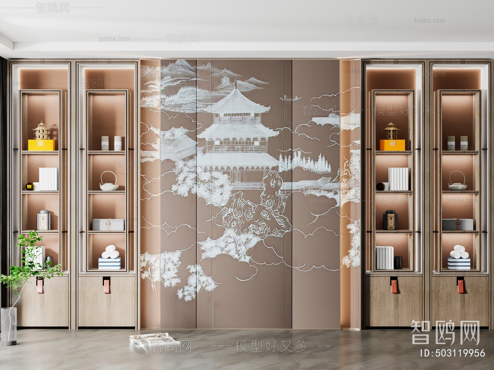 新中式背景墙装饰柜 书柜