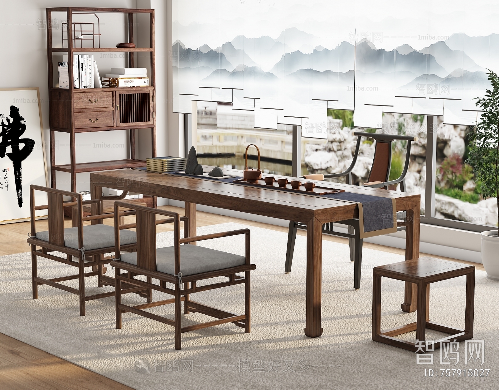新中式实木茶桌椅坐凳组合