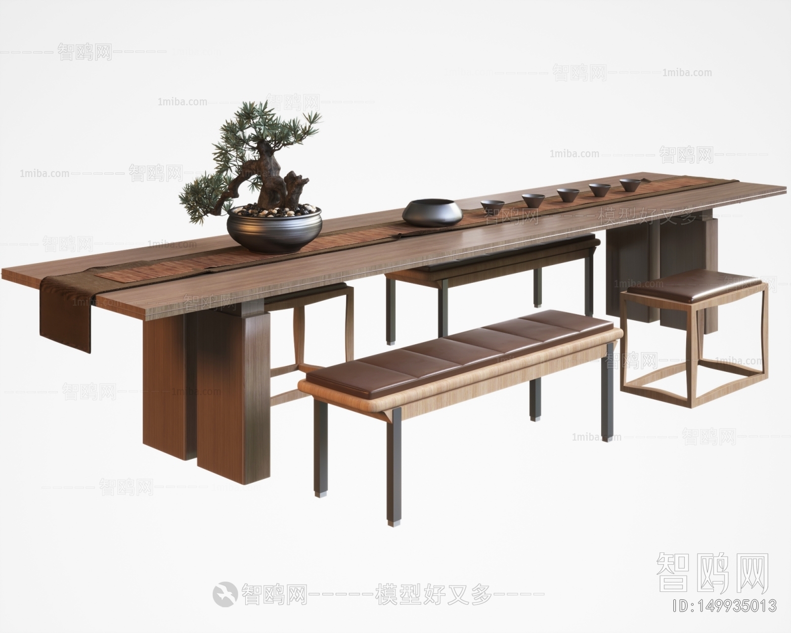 现代新中式茶桌坐凳组合