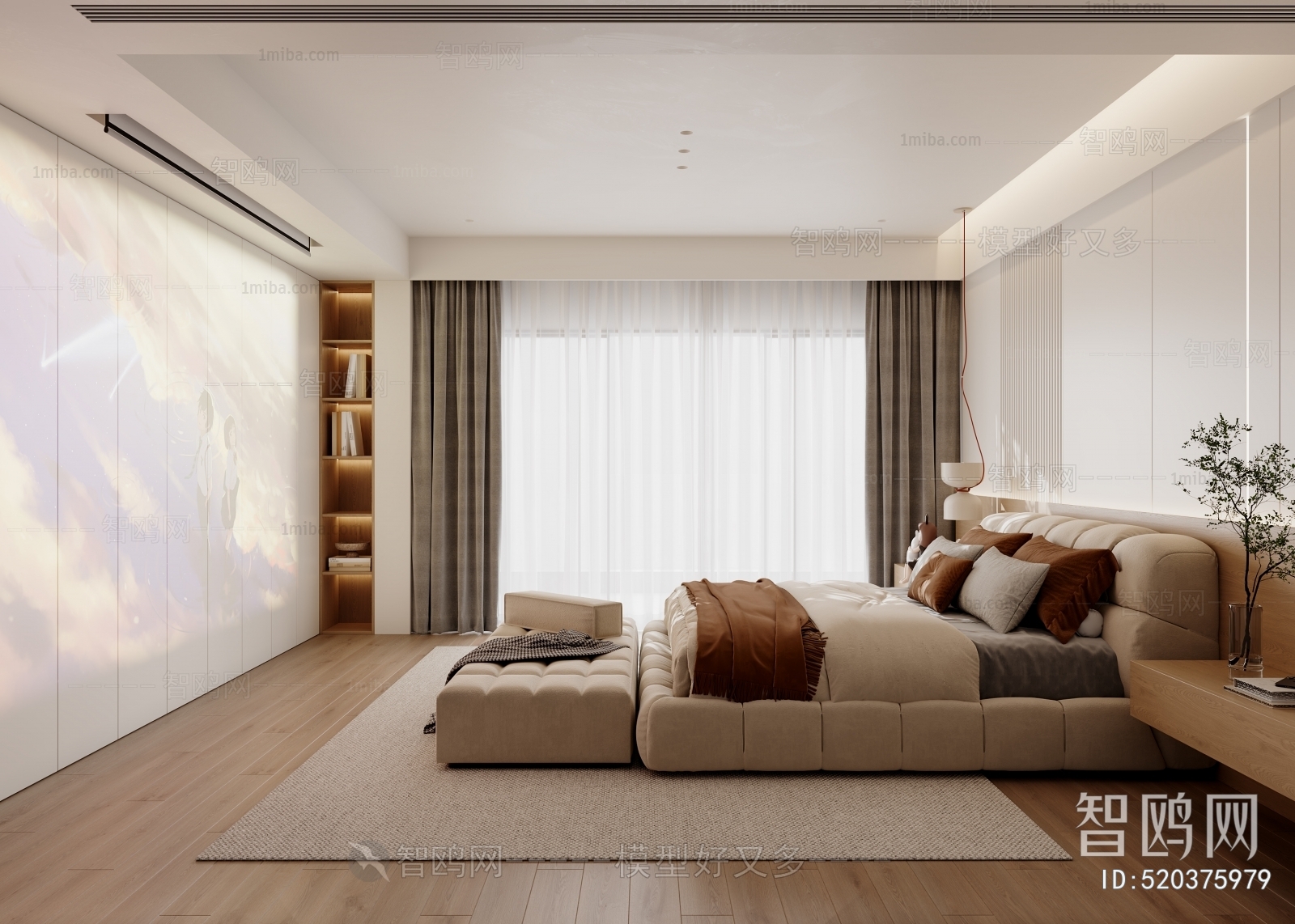多场景-现代卧室+衣帽间+卫生间3D模型下载