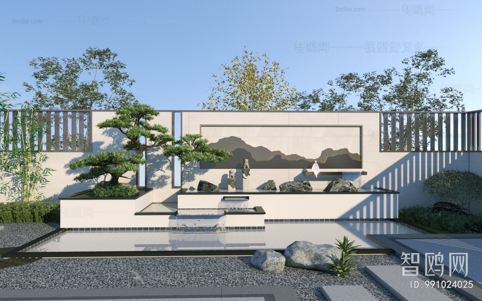 新中式庭院景墙 水池小品