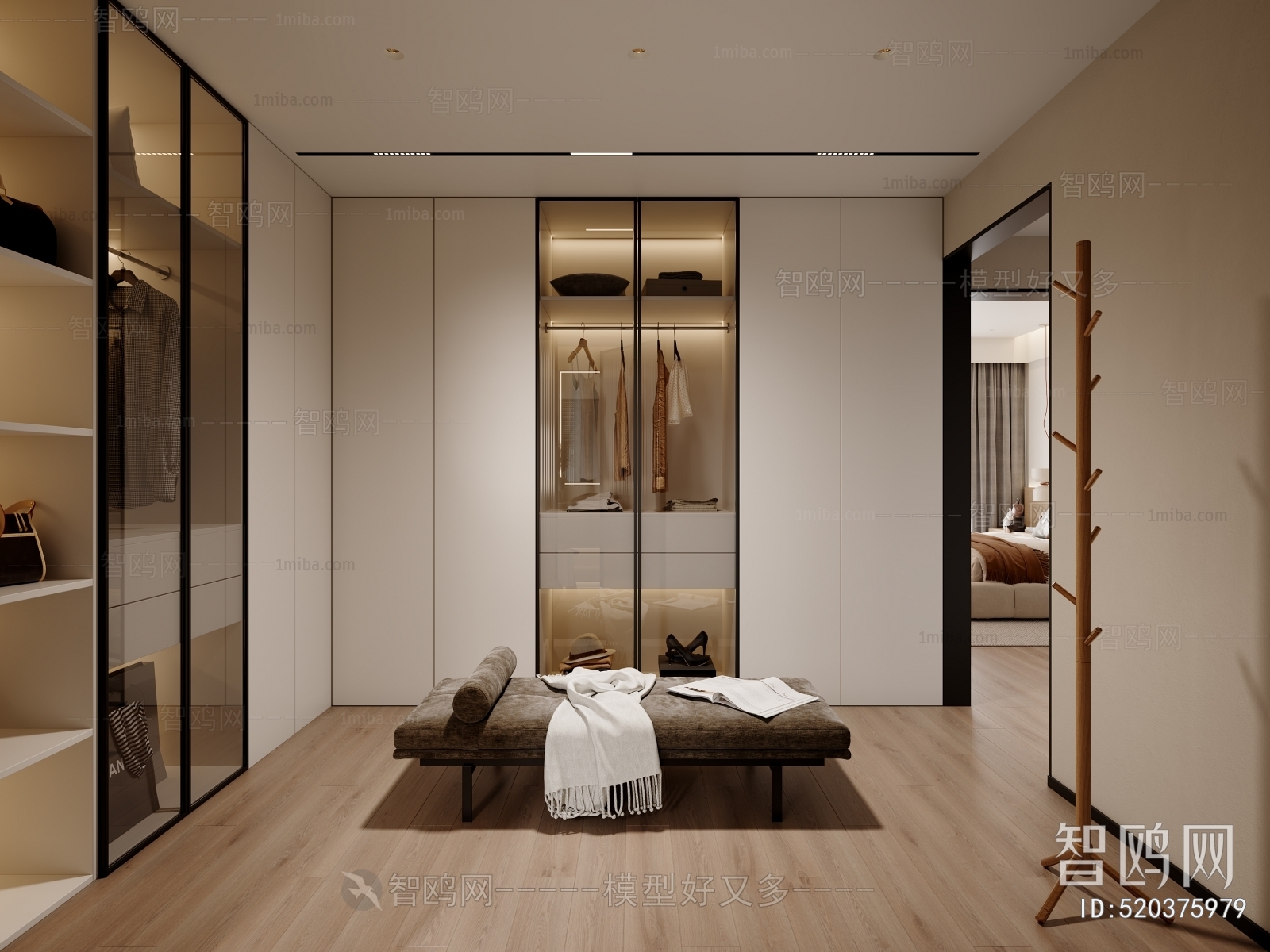 多场景-现代卧室+衣帽间+卫生间3D模型下载