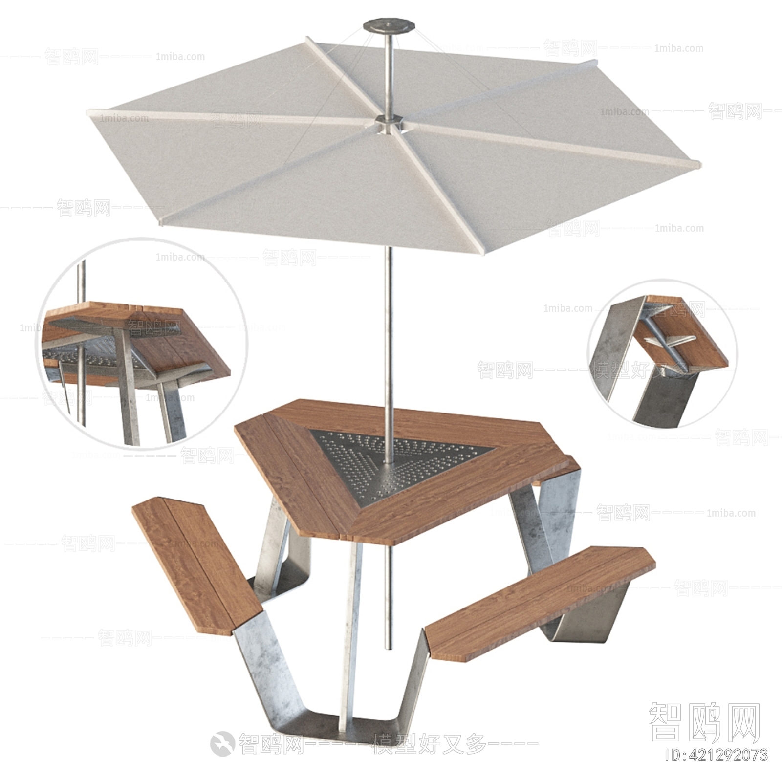 现代户外连体桌椅 遮阳伞