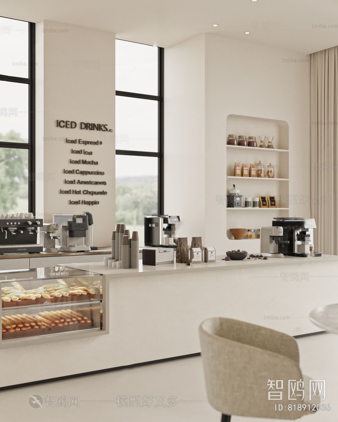 现代奶油风咖啡厅3D模型下载