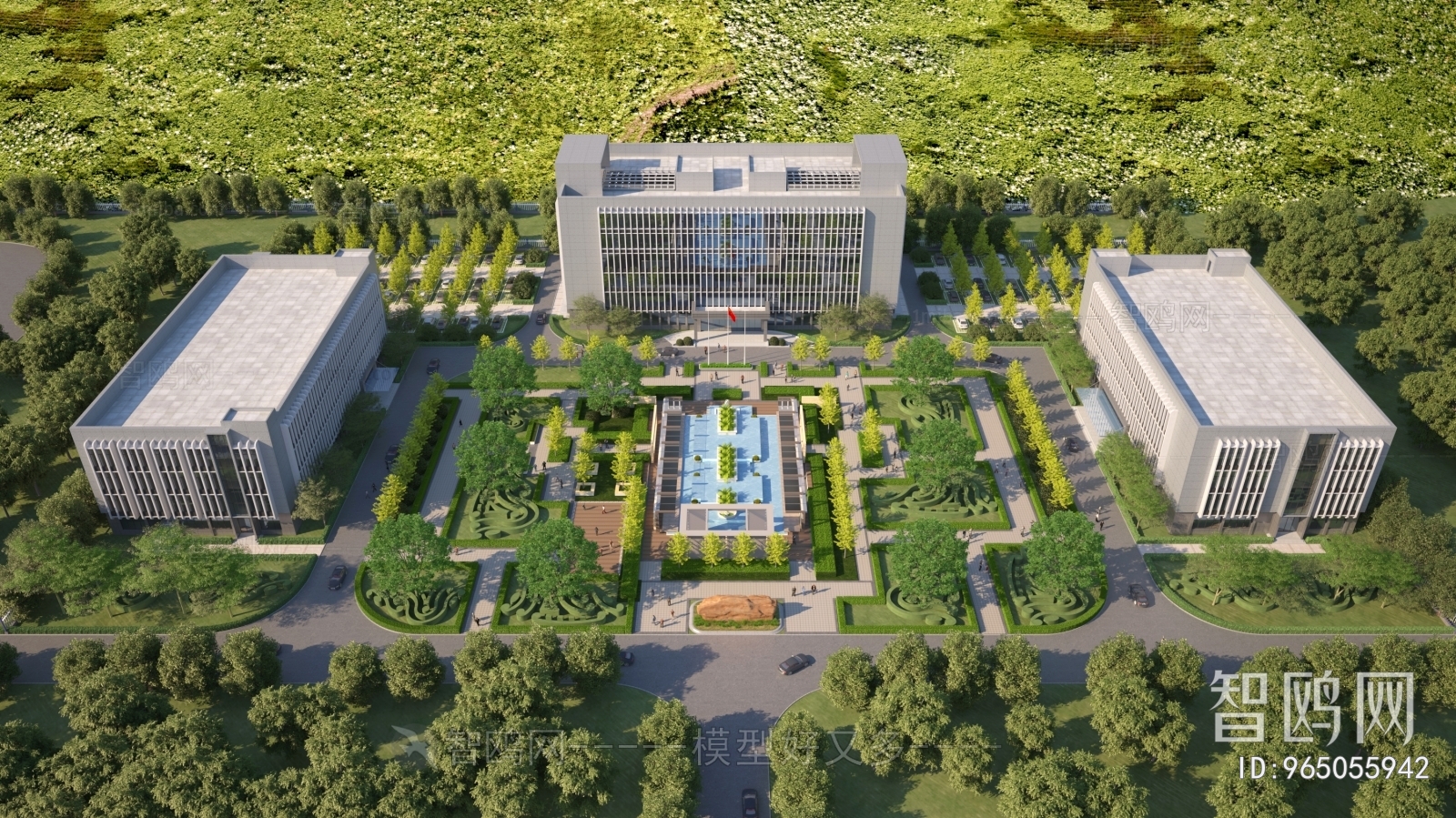 现代政府办公楼鸟瞰3D模型下载