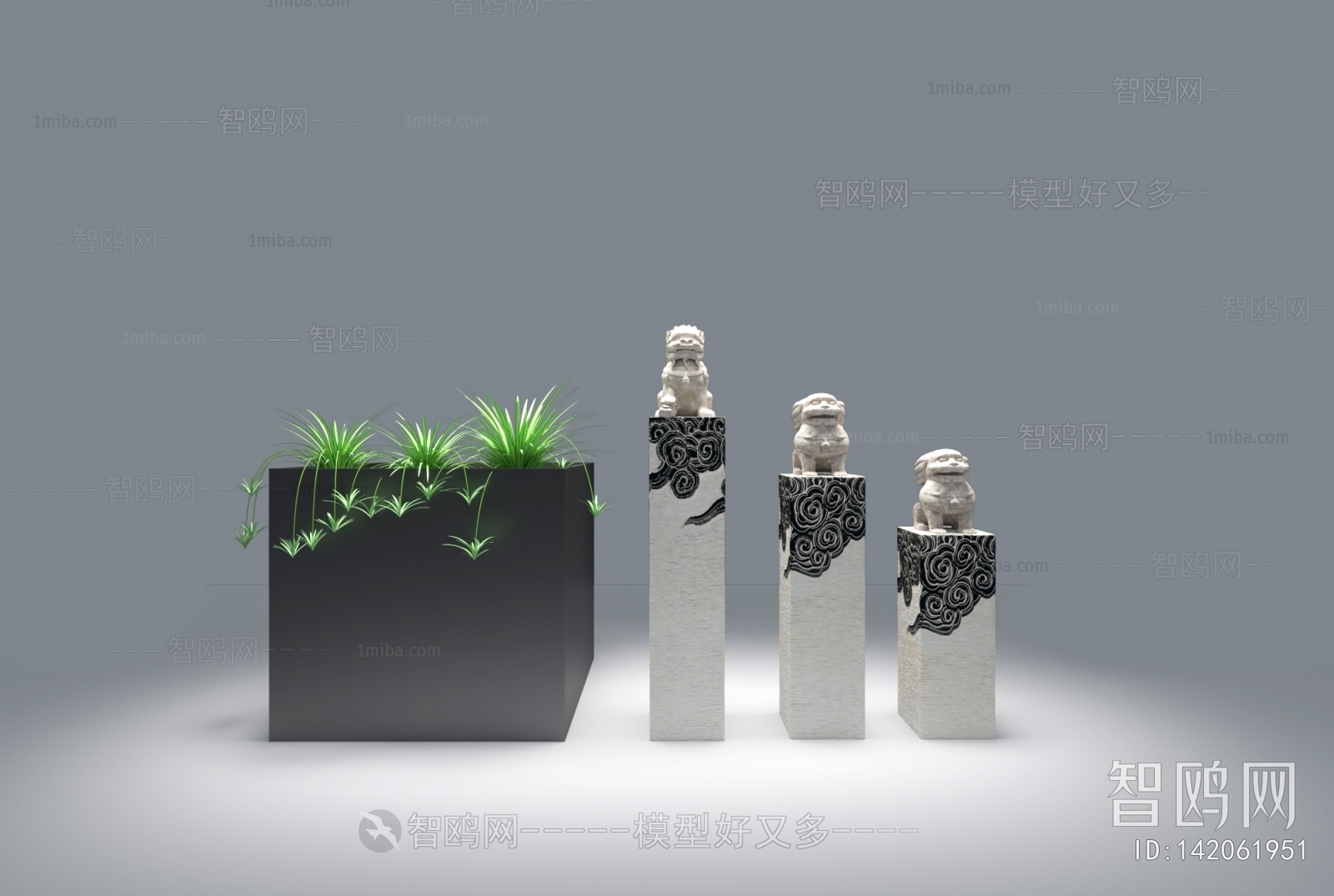 新中式狮子雕塑 青石石雕3D模型下载