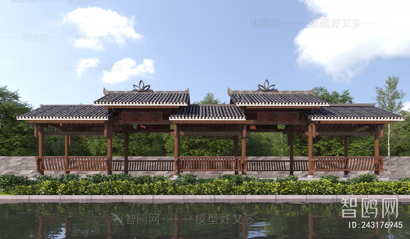 新中式景观长廊 凉亭