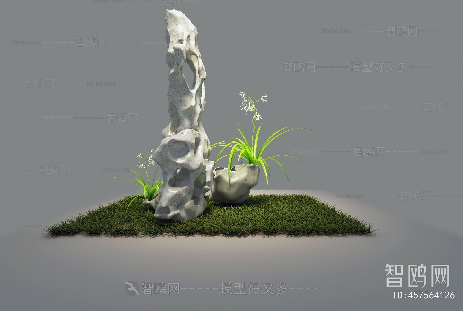 新中式假山景观小品3D模型下载