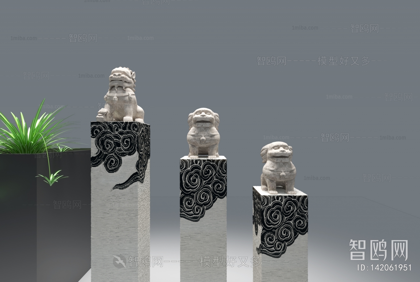 新中式狮子雕塑 青石石雕3D模型下载