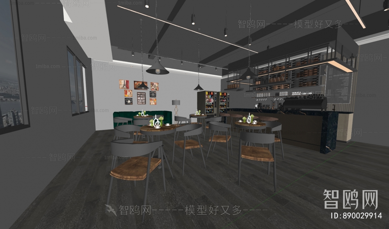 工业风咖啡厅3D模型下载