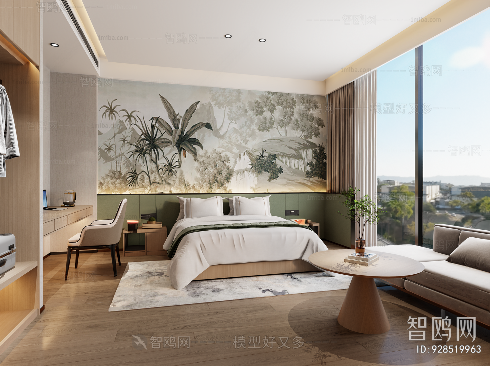 现代新中式酒店客房单人间3D模型下载
