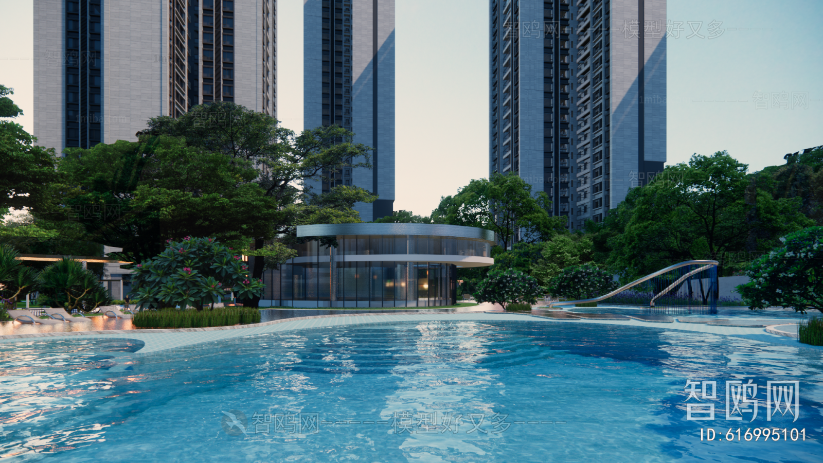 现代住宅景观，游泳池