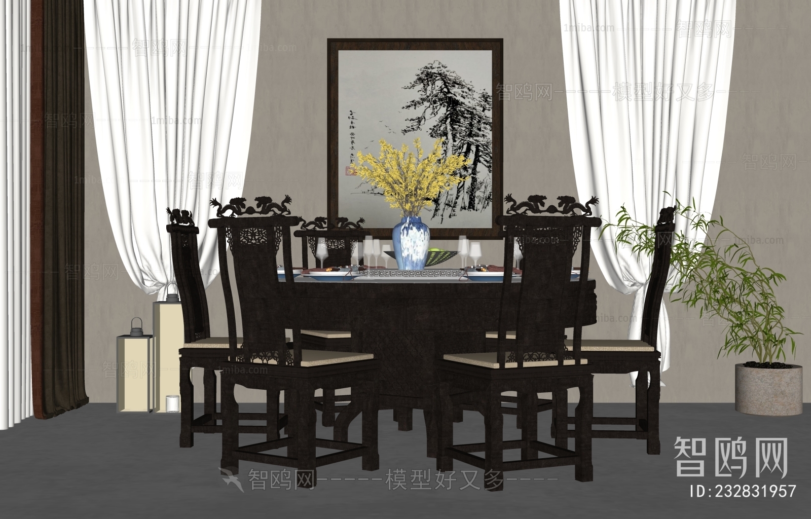 中式圆形餐桌椅组合