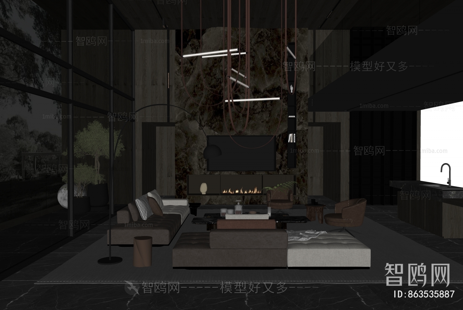 现代暗黑风挑空别墅客厅3D模型下载
