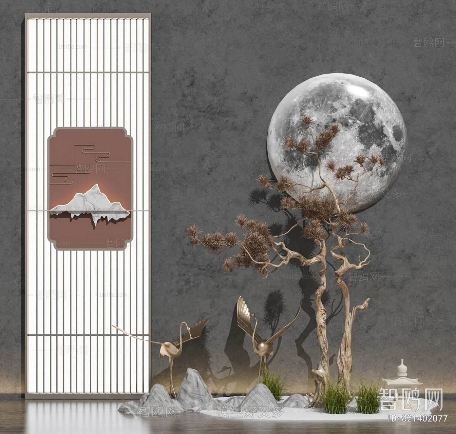 新中式枯山水松树景观3D模型下载