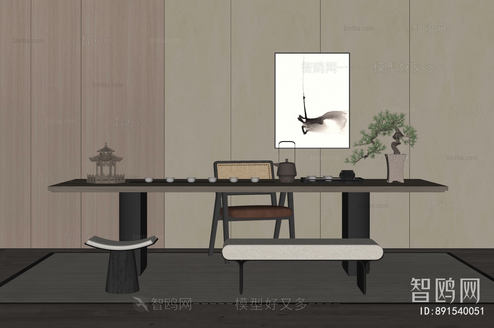 现代新中式茶桌椅坐凳