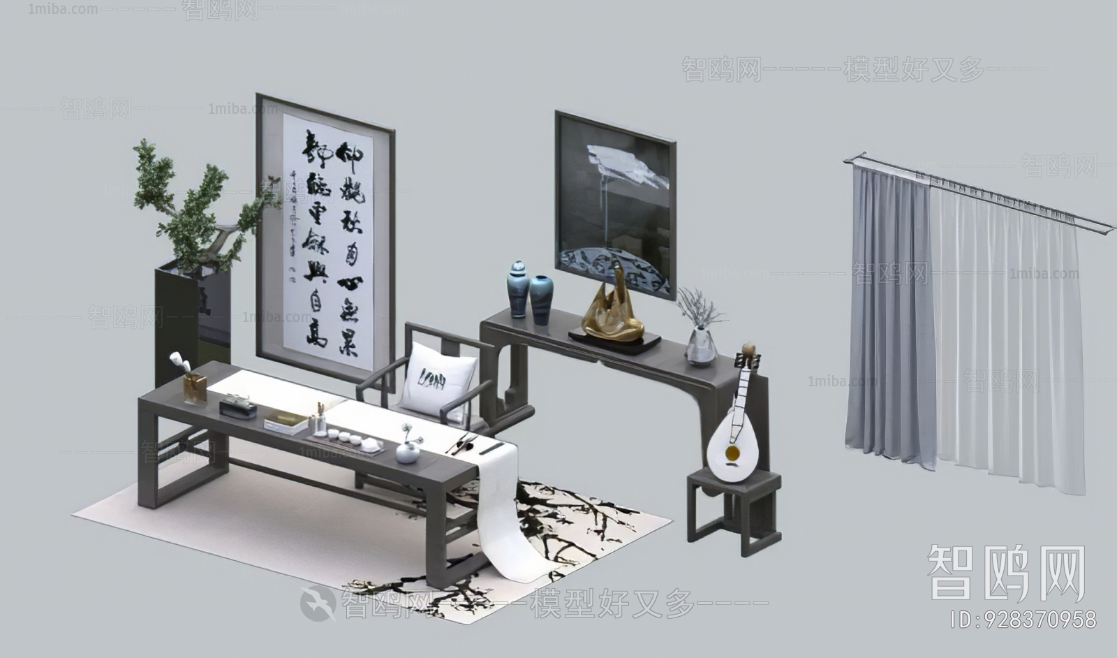 中式书桌椅 挂画