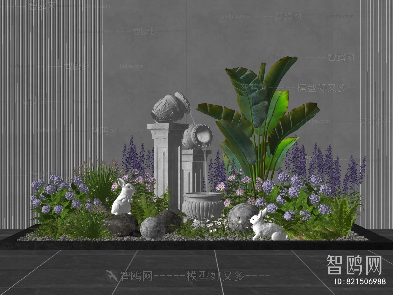 现代庭院植物堆景观小品3D模型下载