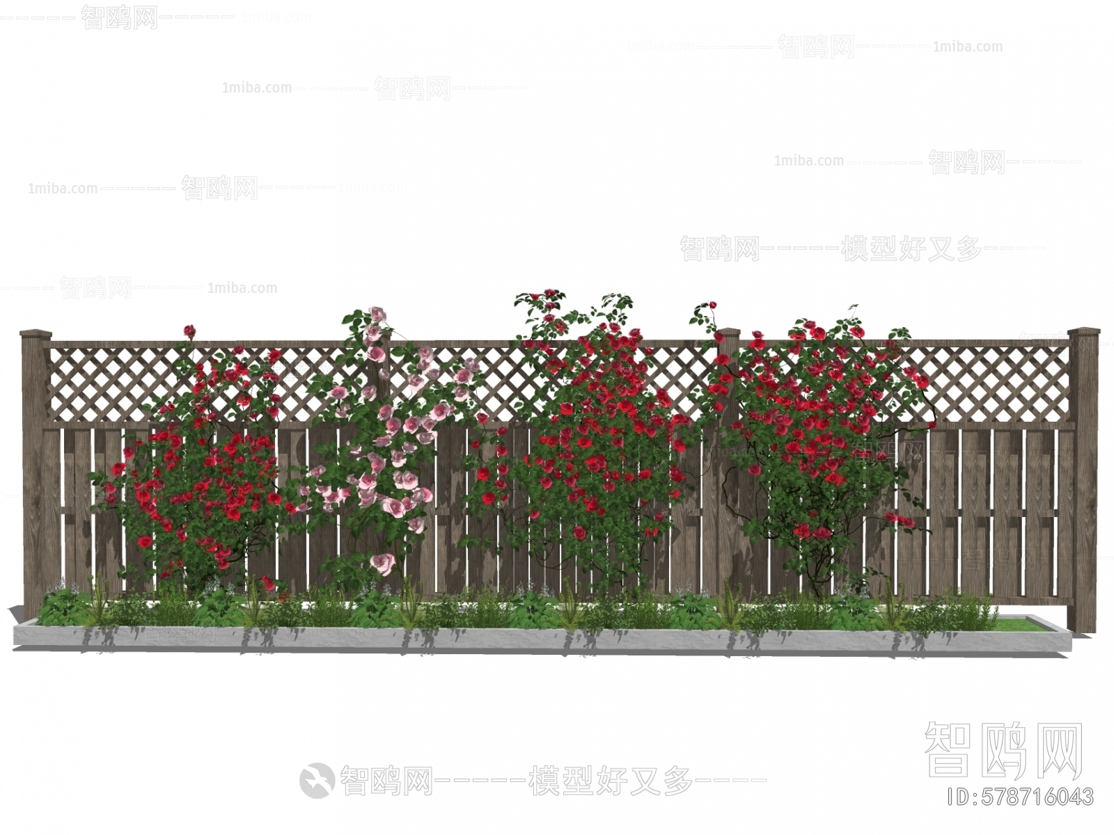 现代新中式攀爬植物花架围墙月季花