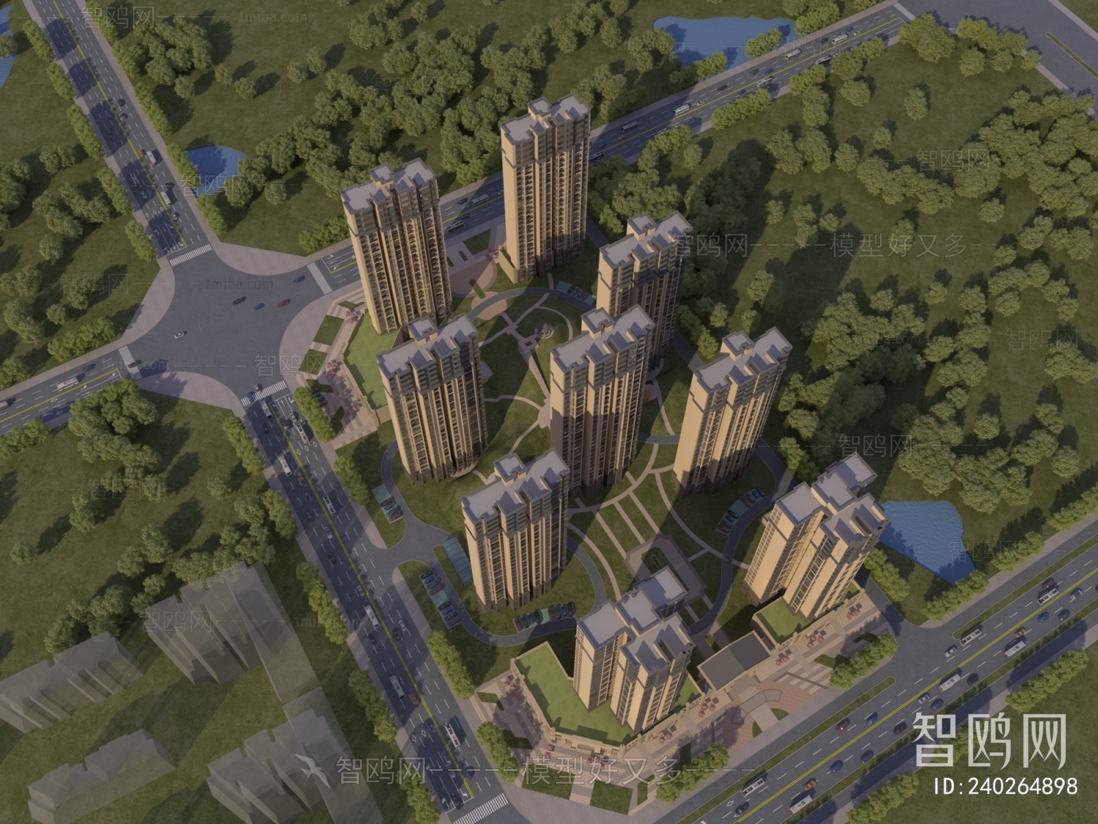 现代高层住宅楼鸟瞰规划