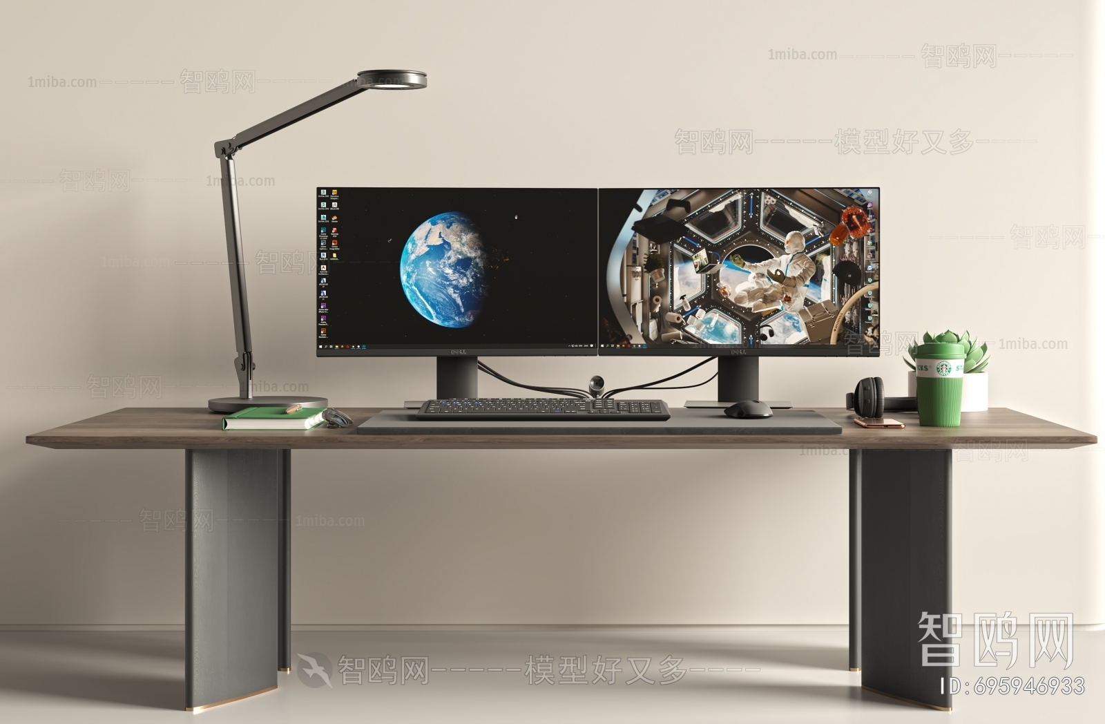 现代双屏电脑显示器 书桌