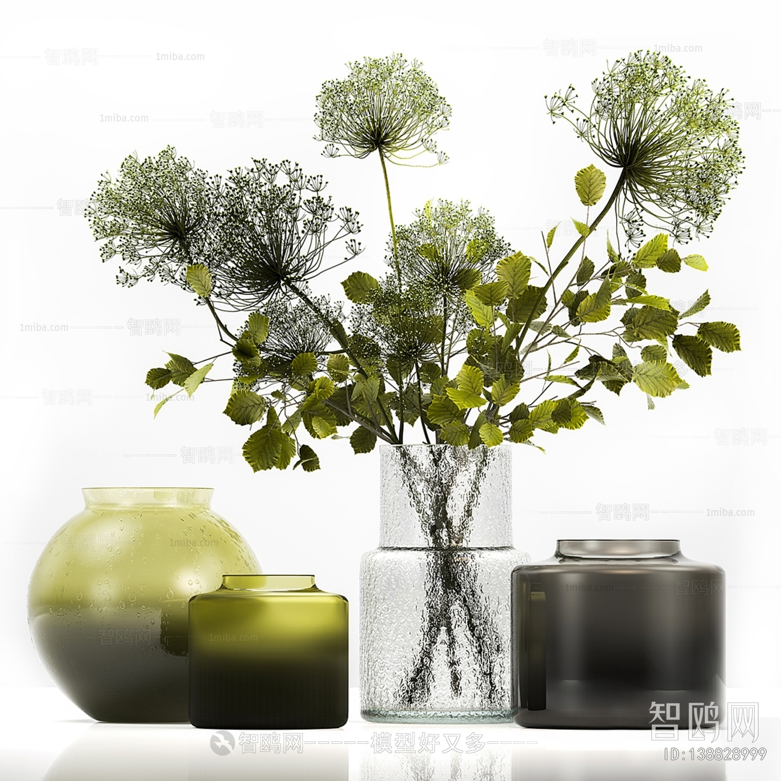 现代玻璃花瓶绿花艺3D模型下载