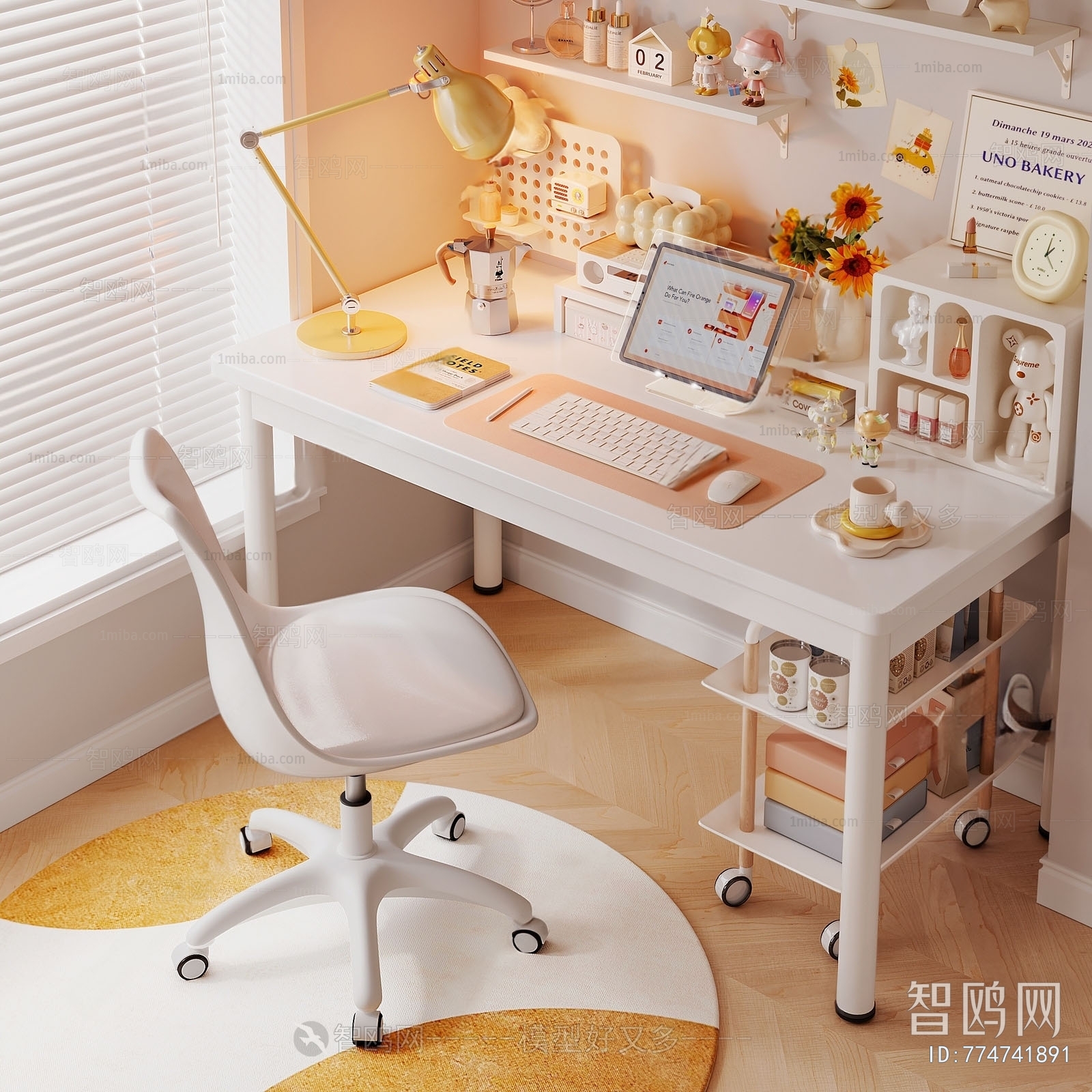 现代奶油风书桌椅组合3D模型下载