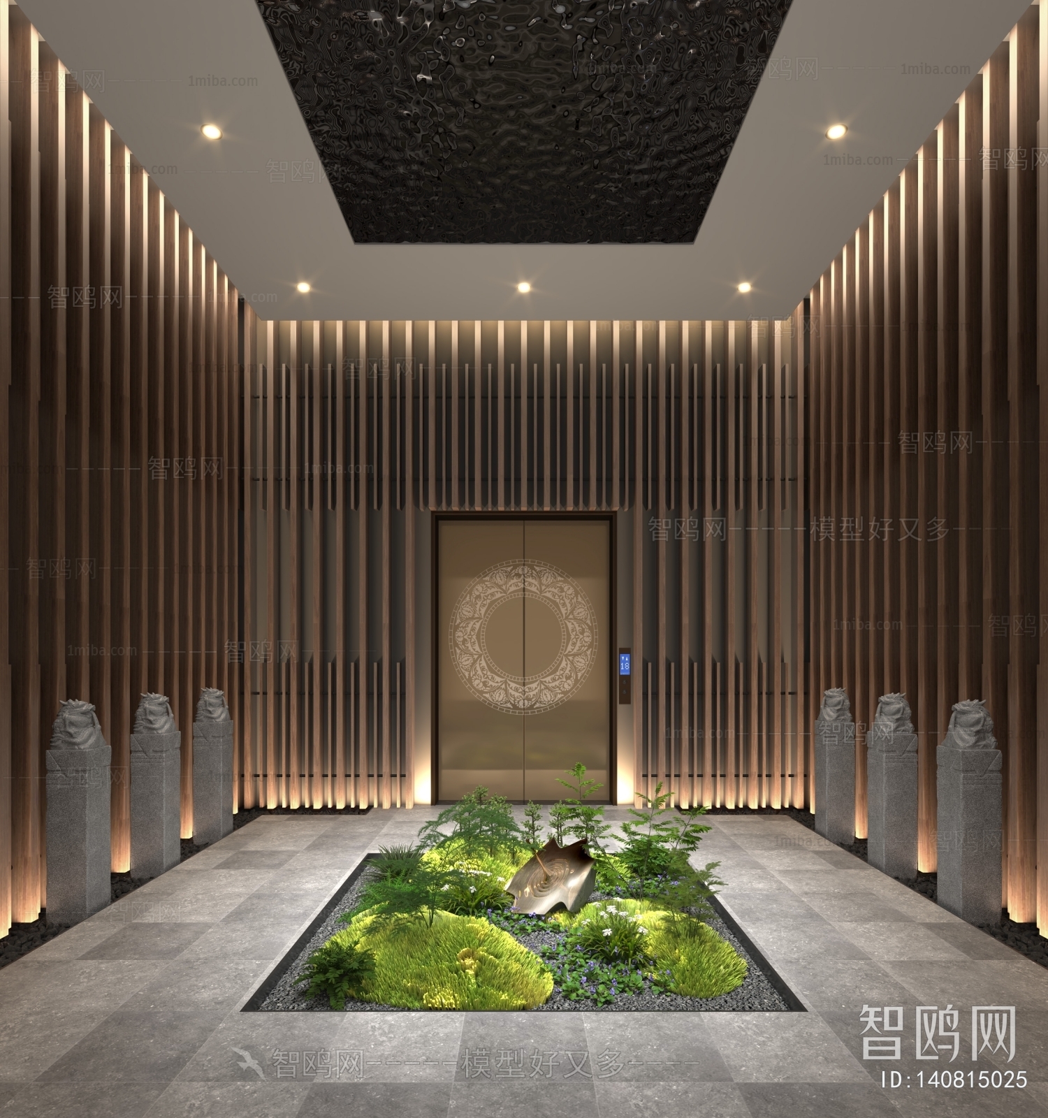 新中式电梯厅景观植物小品