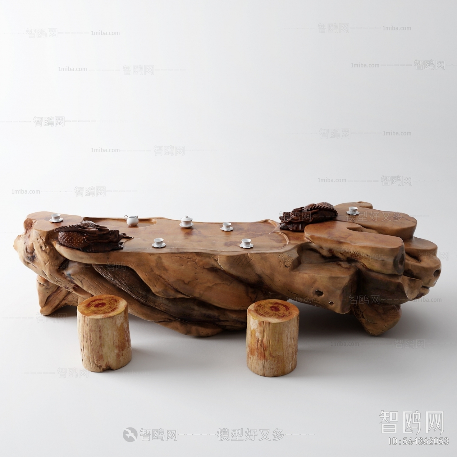 中式根雕茶桌凳组合