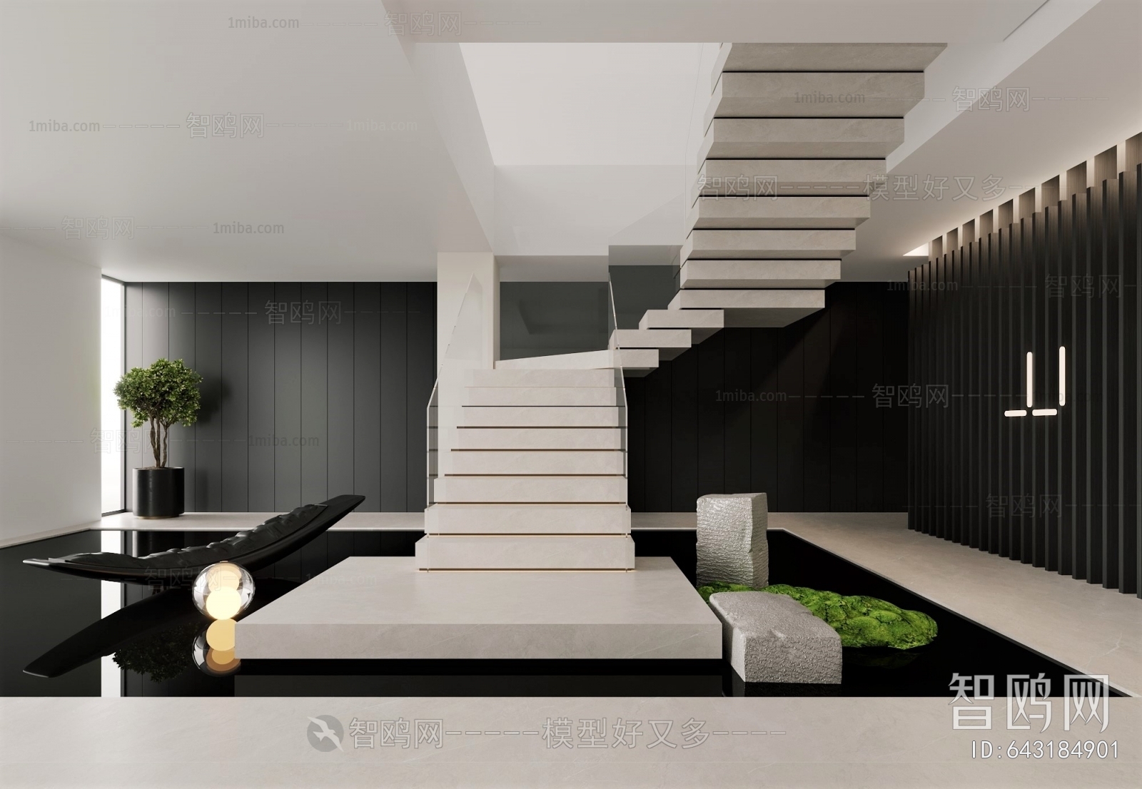 现代黑白风创意楼梯间3D模型下载