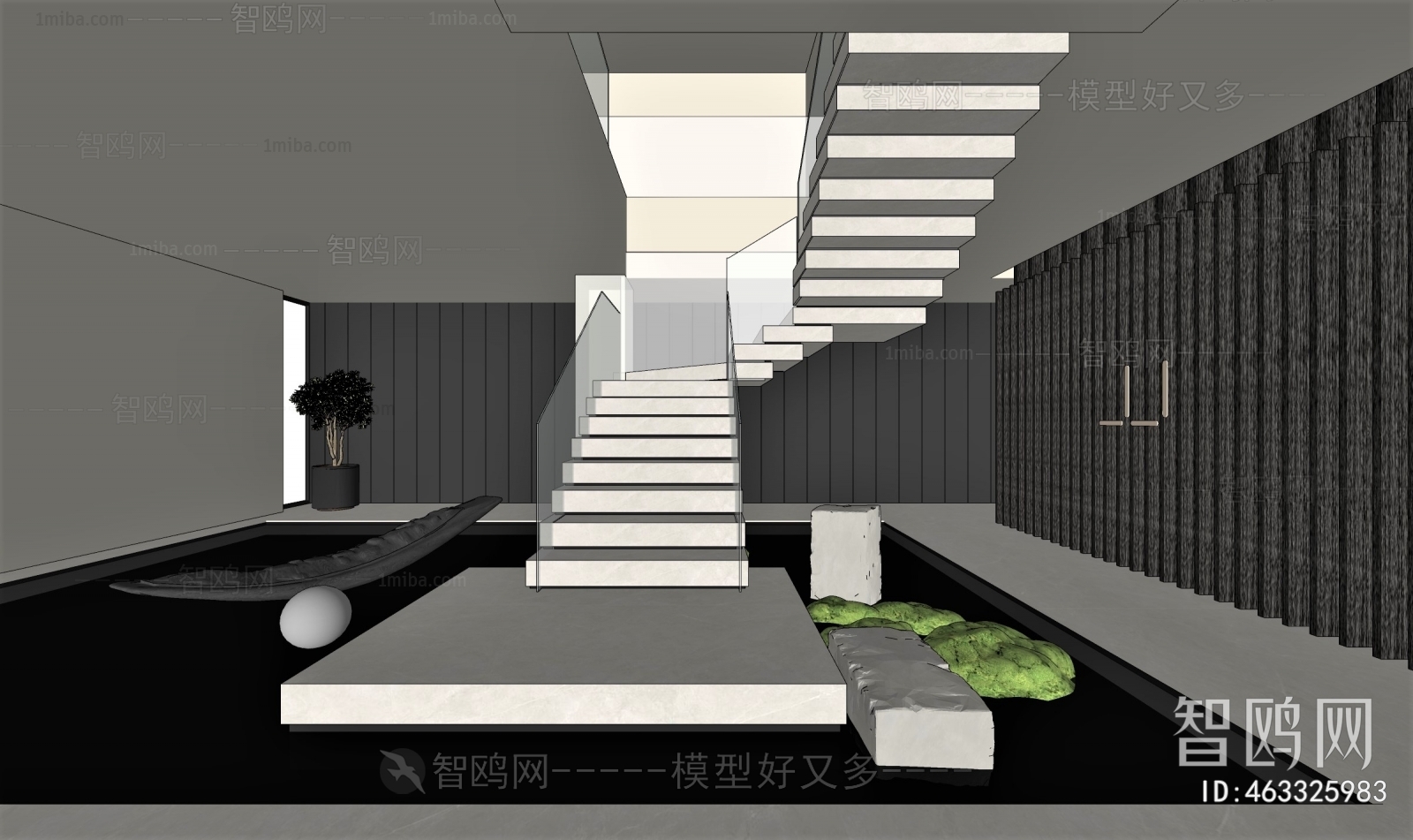 现代黑白风创意楼梯间3D模型下载